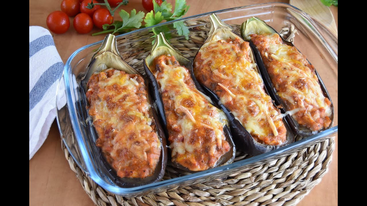 Berenjenas rellenas de jamón y queso horneado