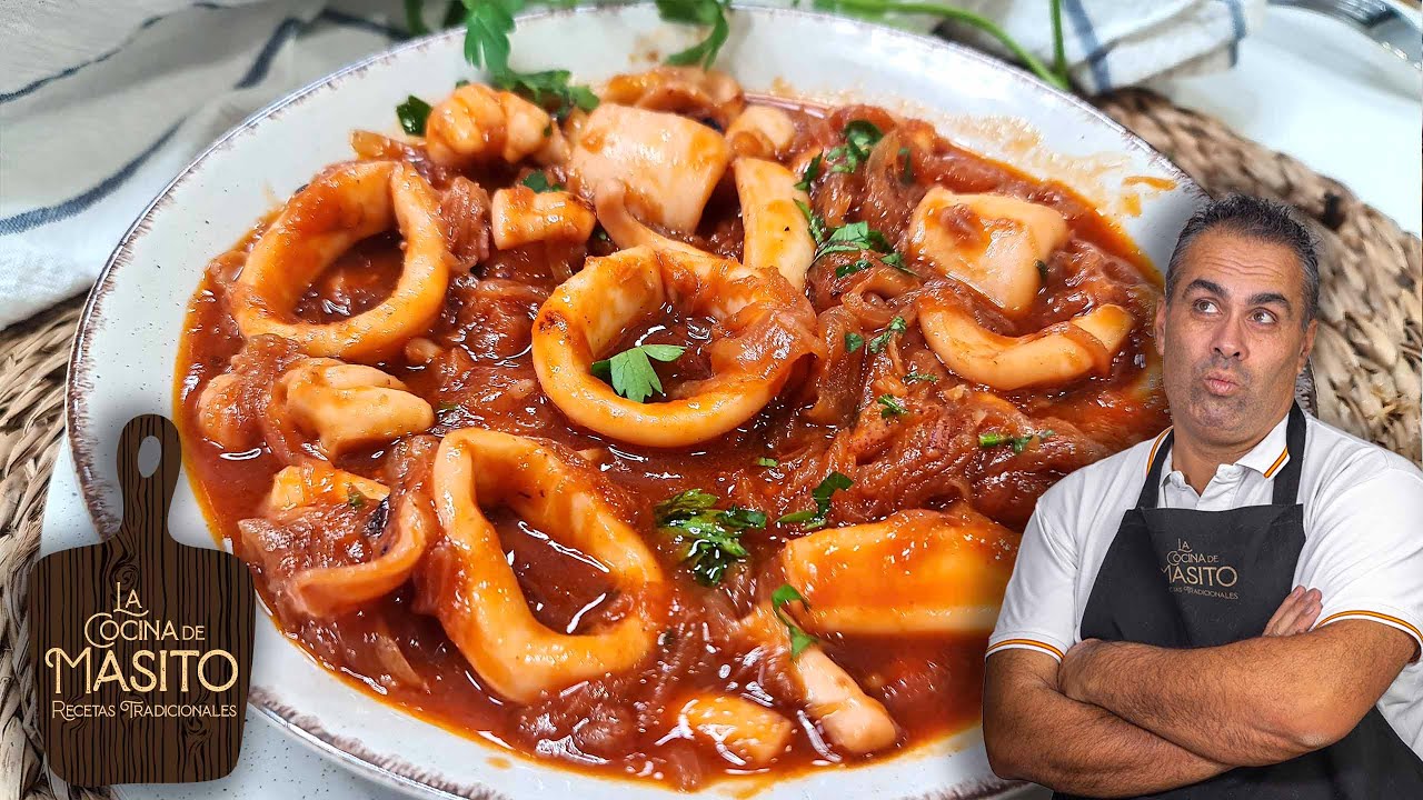 Calamares en salsa de vino blanco con aros de calamar